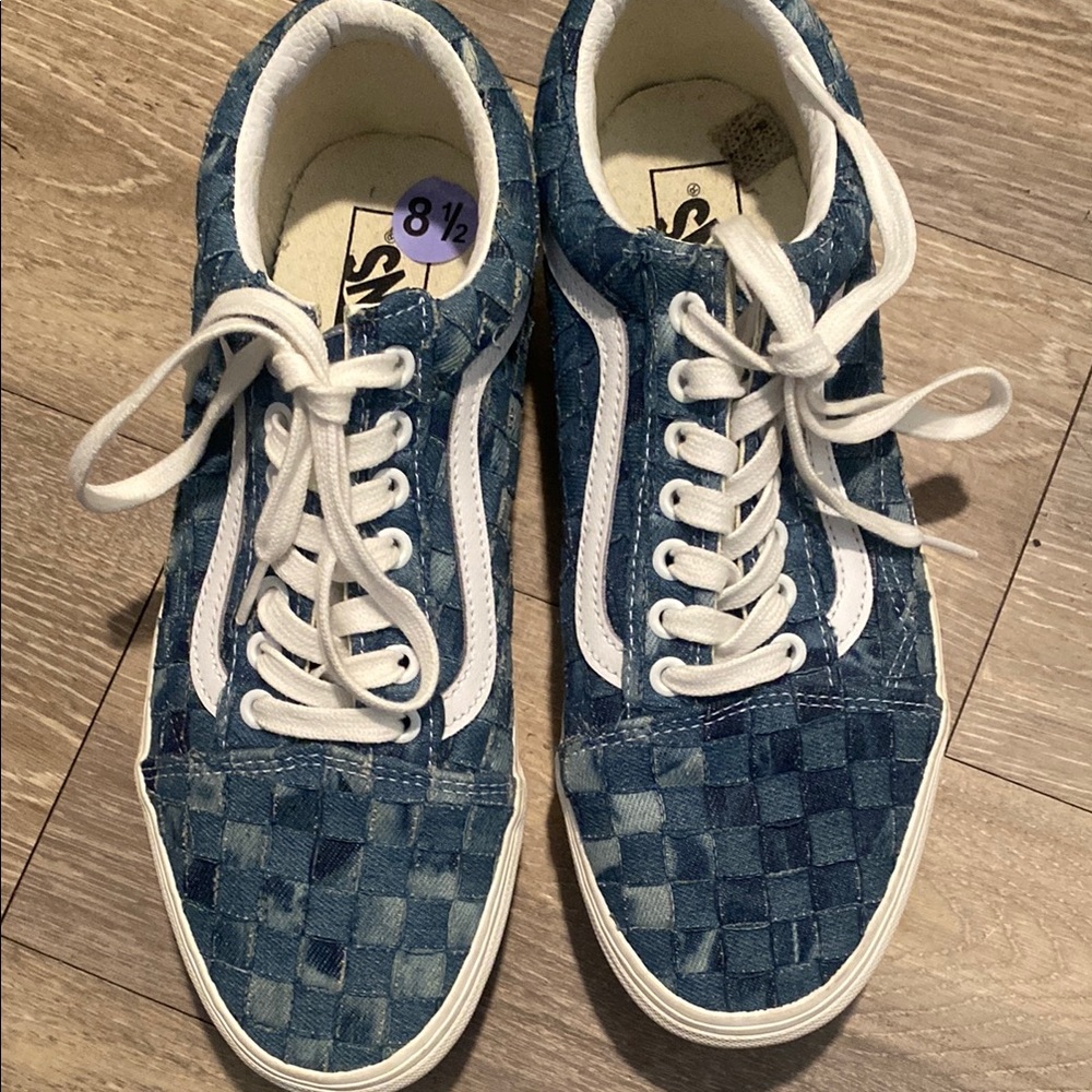 Vans Blue Checkerboard Old Skool Sneakers with White Stripe M8.5 W10